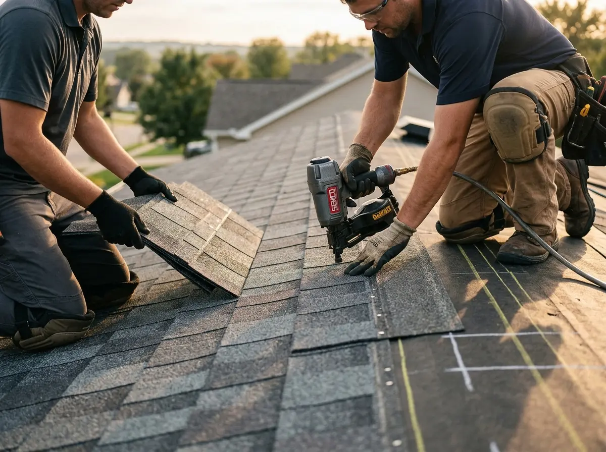 Professional roofer working on a residential roof in Greenville